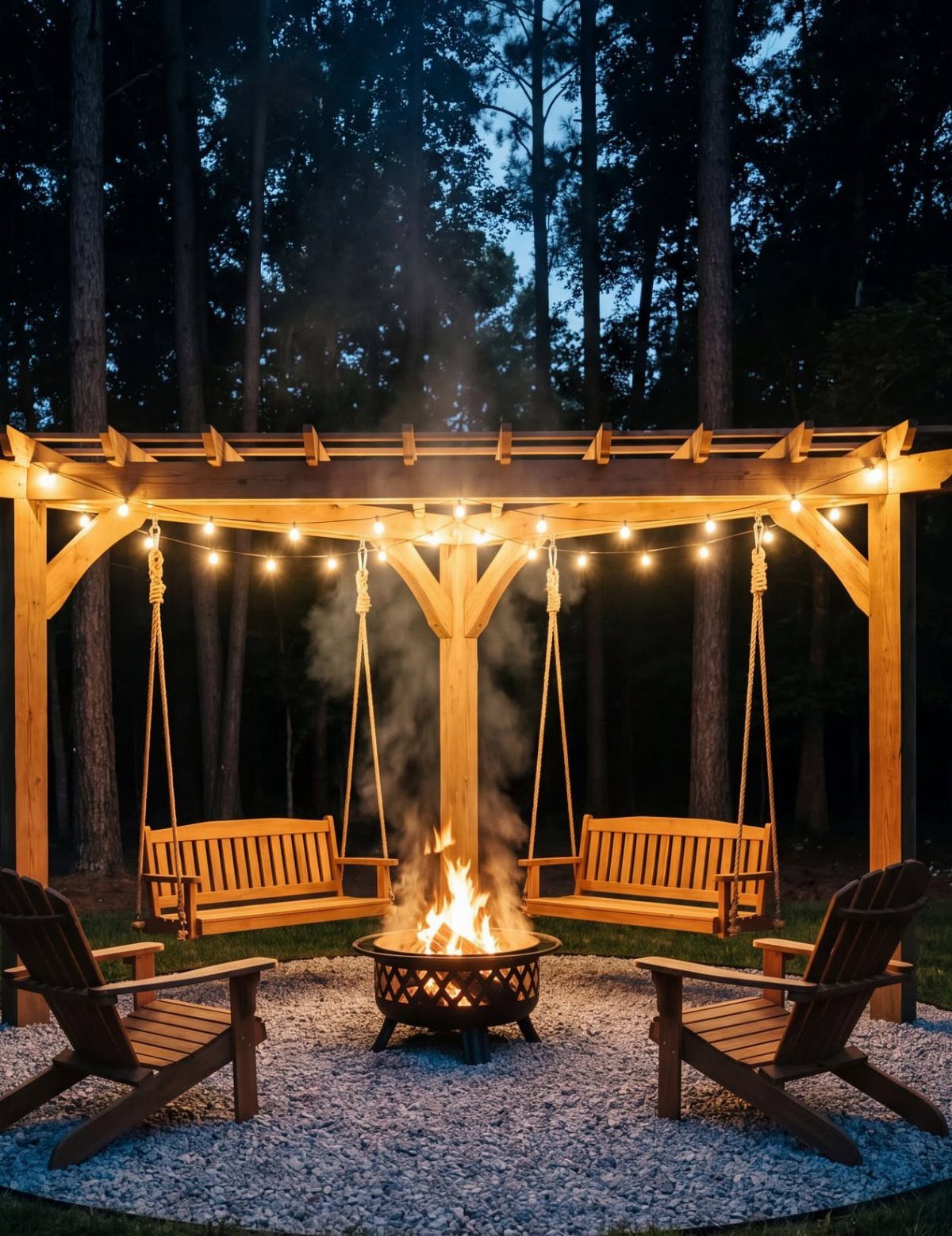A glowing fire pit sits on a gravel patio under a wooden pergola with swings.
