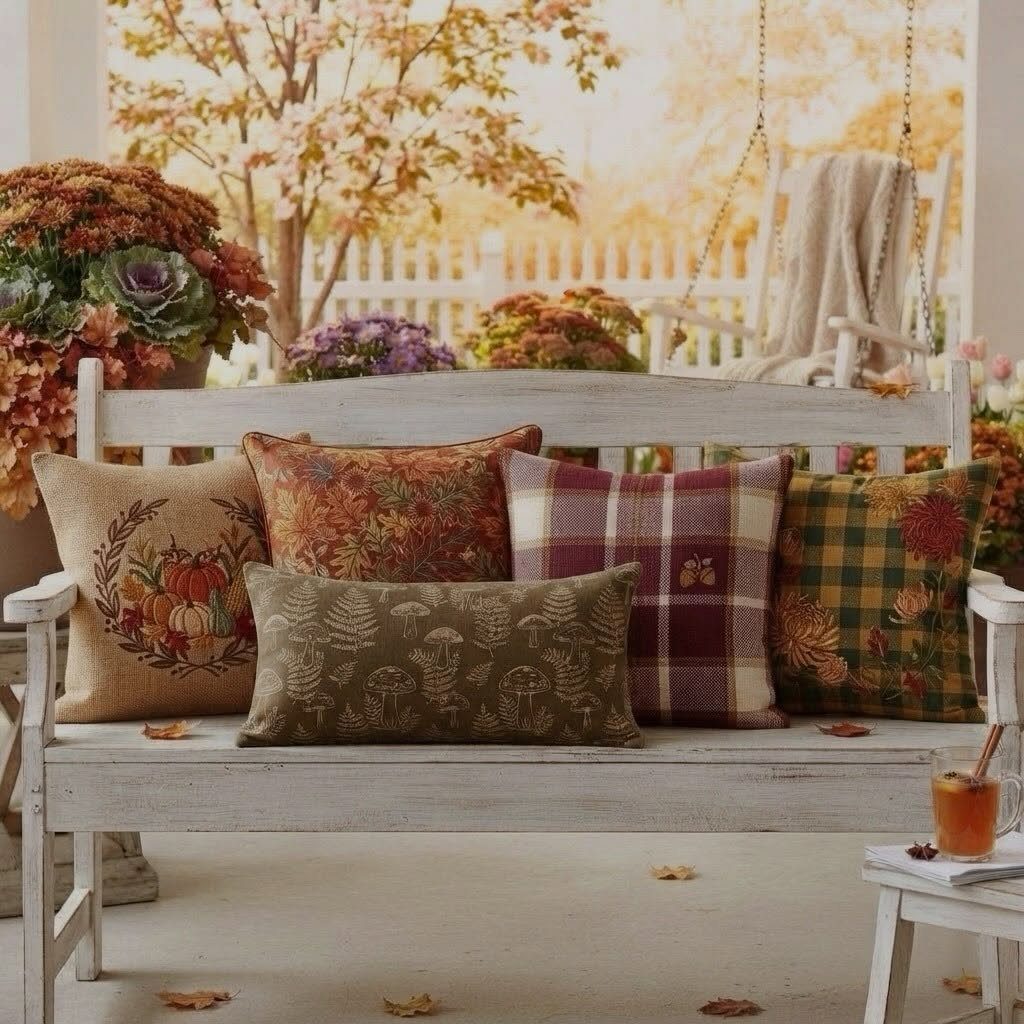 Decorative autumn patterned pillows arranged on a white wooden bench on a porch setting.