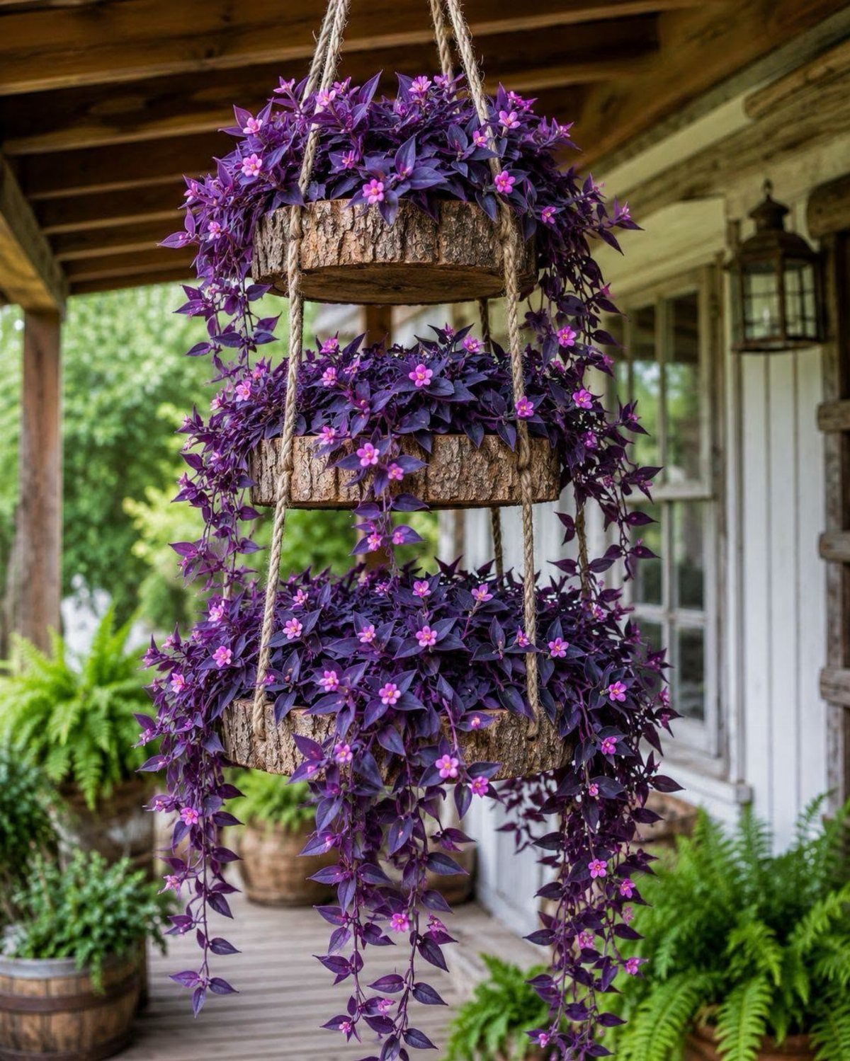 Three hanging wooden baskets with cascading purple flowers suspended from a porch ceiling.