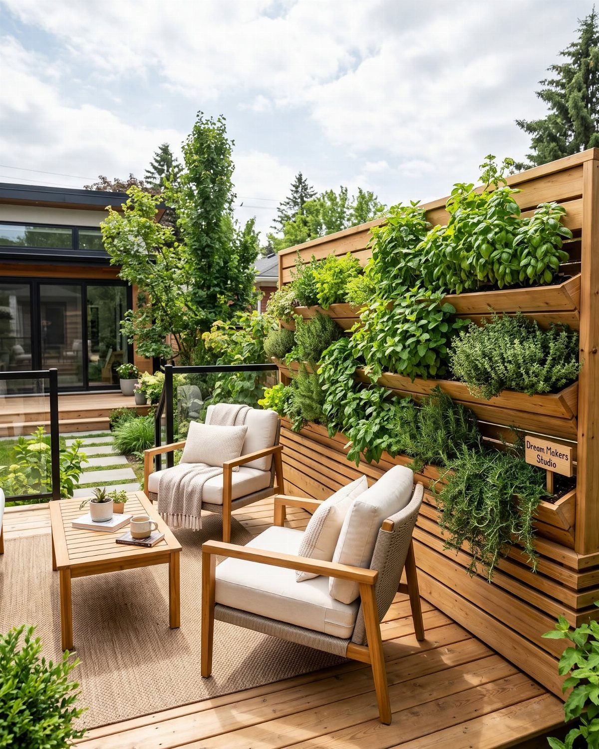 Two cream armchairs and a wooden coffee table sit on a wooden deck with a vertical garden wall.