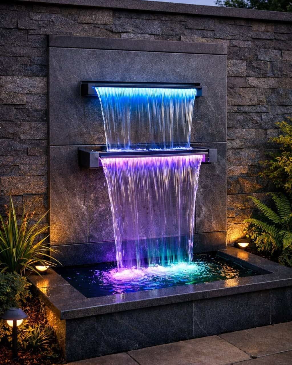 A modern two-tier stone wall fountain with glowing blue and purple cascading water.