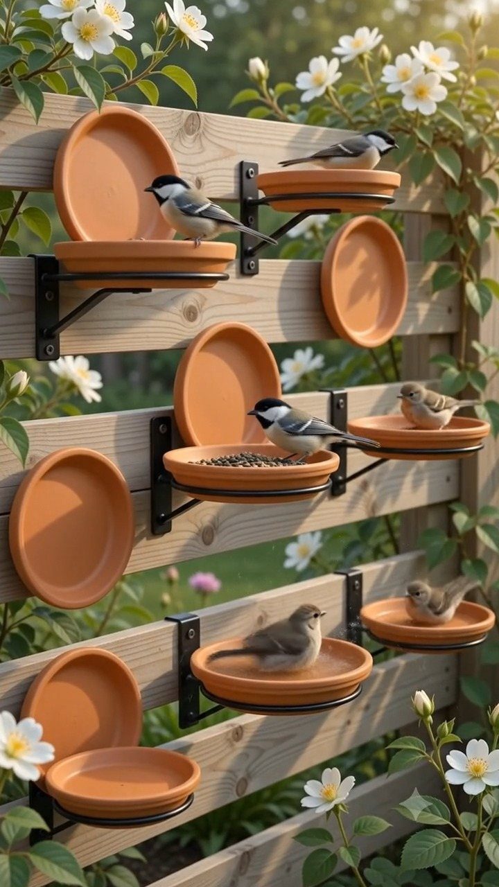 Small birds perching on terracotta saucer feeders mounted to a wooden garden fence.