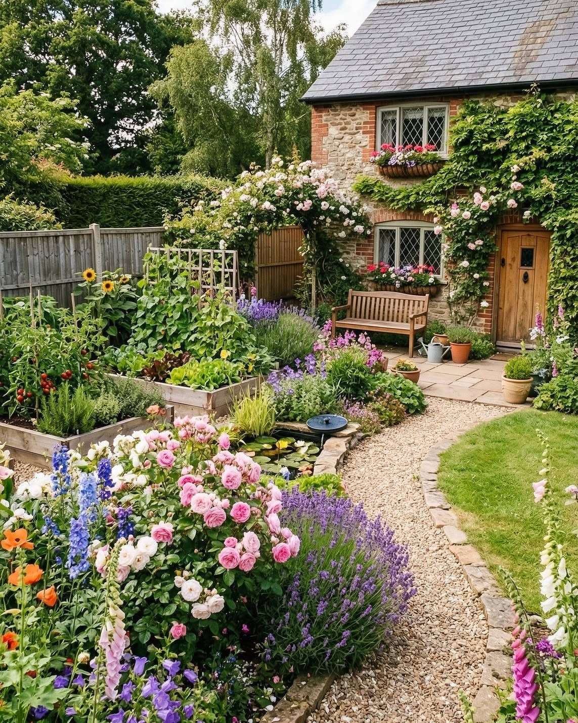 Lush cottage garden with blooming roses, lavender, a gravel path, and a stone house background.