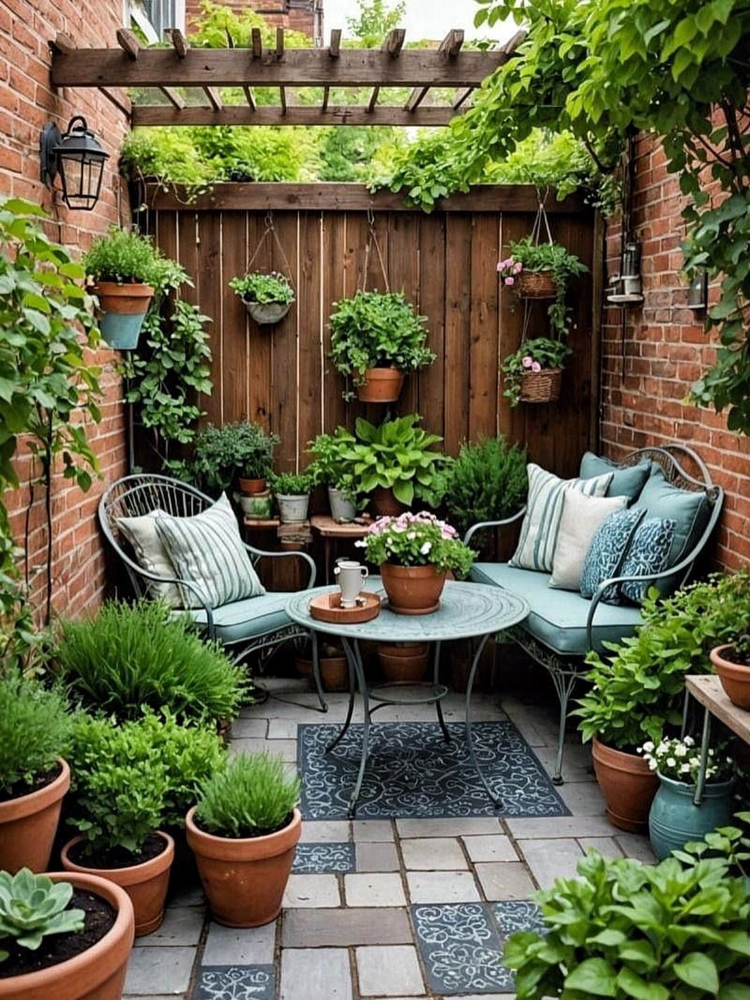 Potted plants and patio furniture arranged in a small, lush backyard seating area.