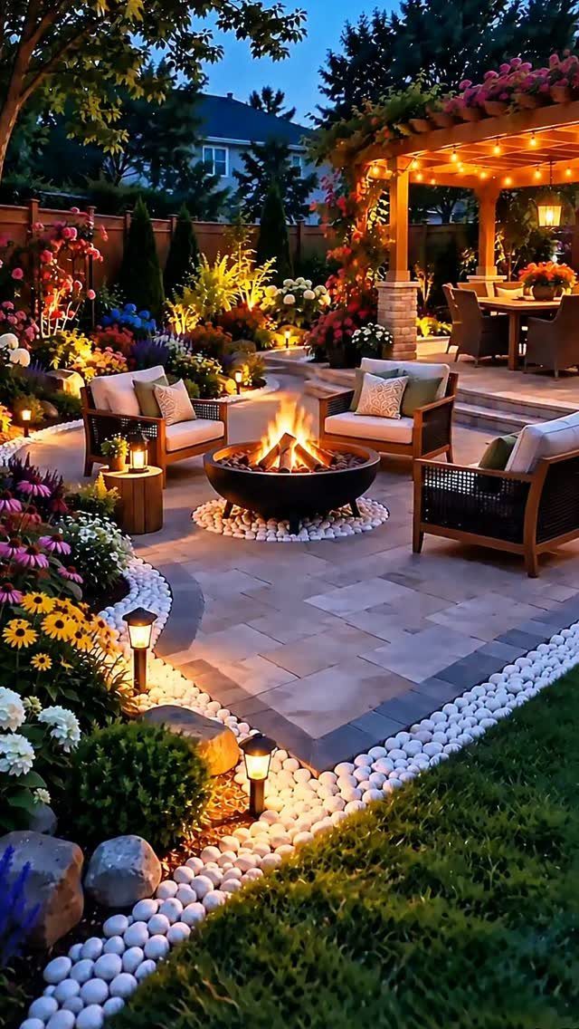 A lit metal fire pit sits on a stone patio surrounded by garden flowers and armchairs.