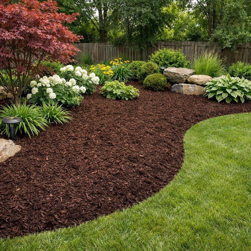 Dark brown mulch covers a garden bed filled with colorful flowers and a red maple tree.