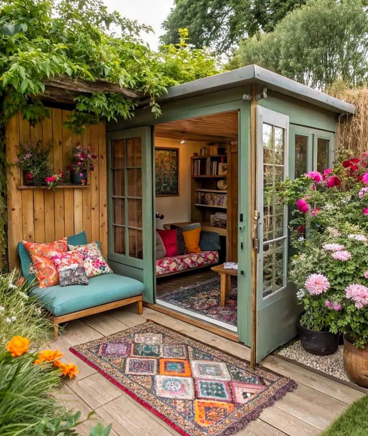 A sage green garden shed with an open door revealing a cozy, book-filled interior sitting on a wooden deck.