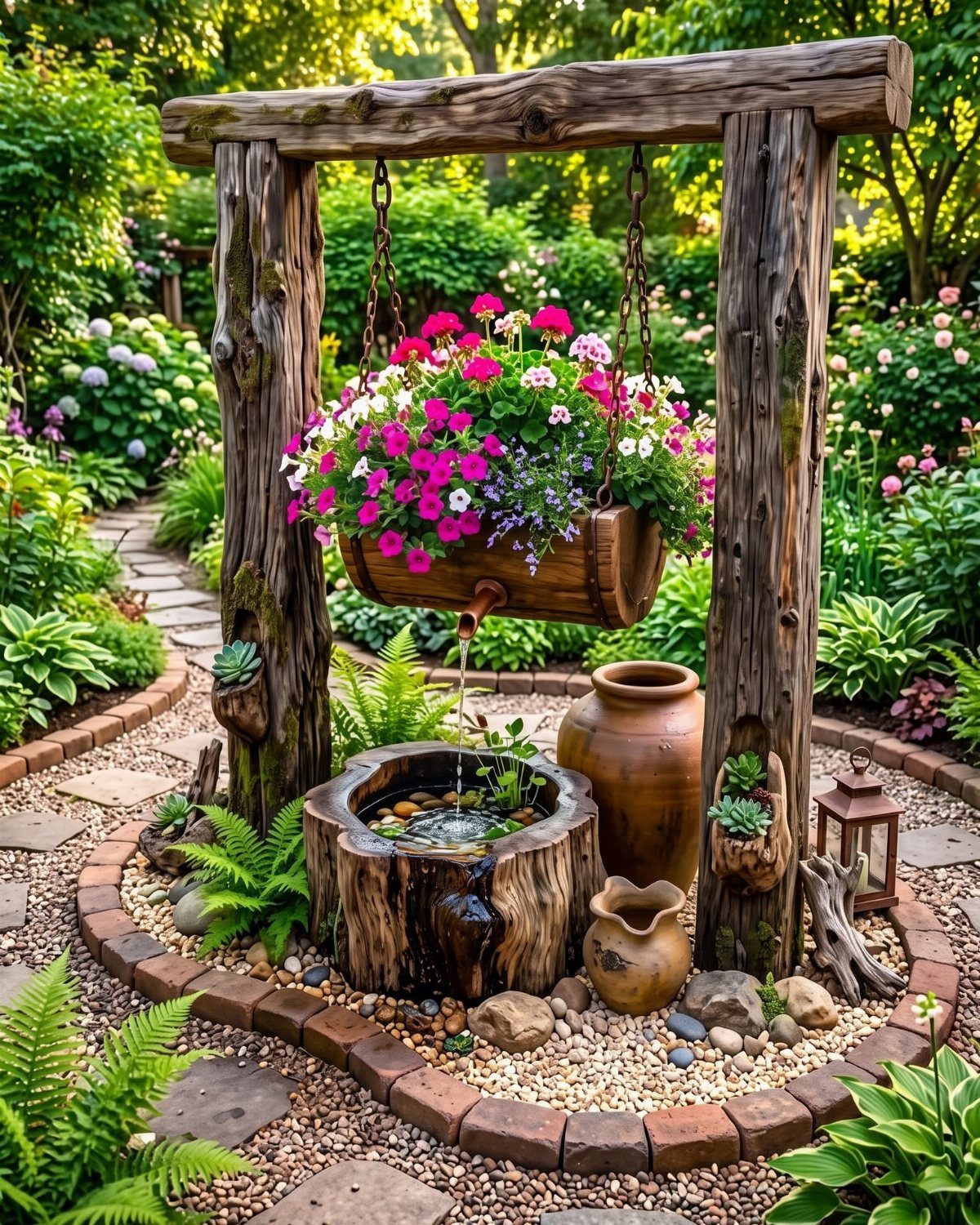 Rustic wooden garden structure with hanging flowers and a tree stump water fountain.