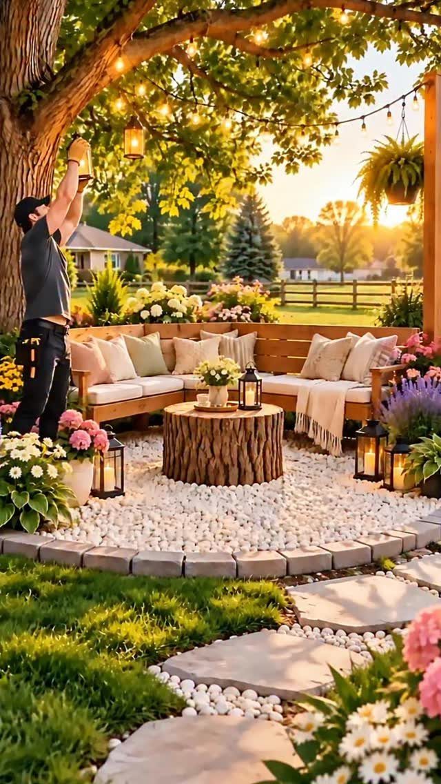 A wooden outdoor sectional sofa with cushions sits on white gravel under a large tree with string lights.