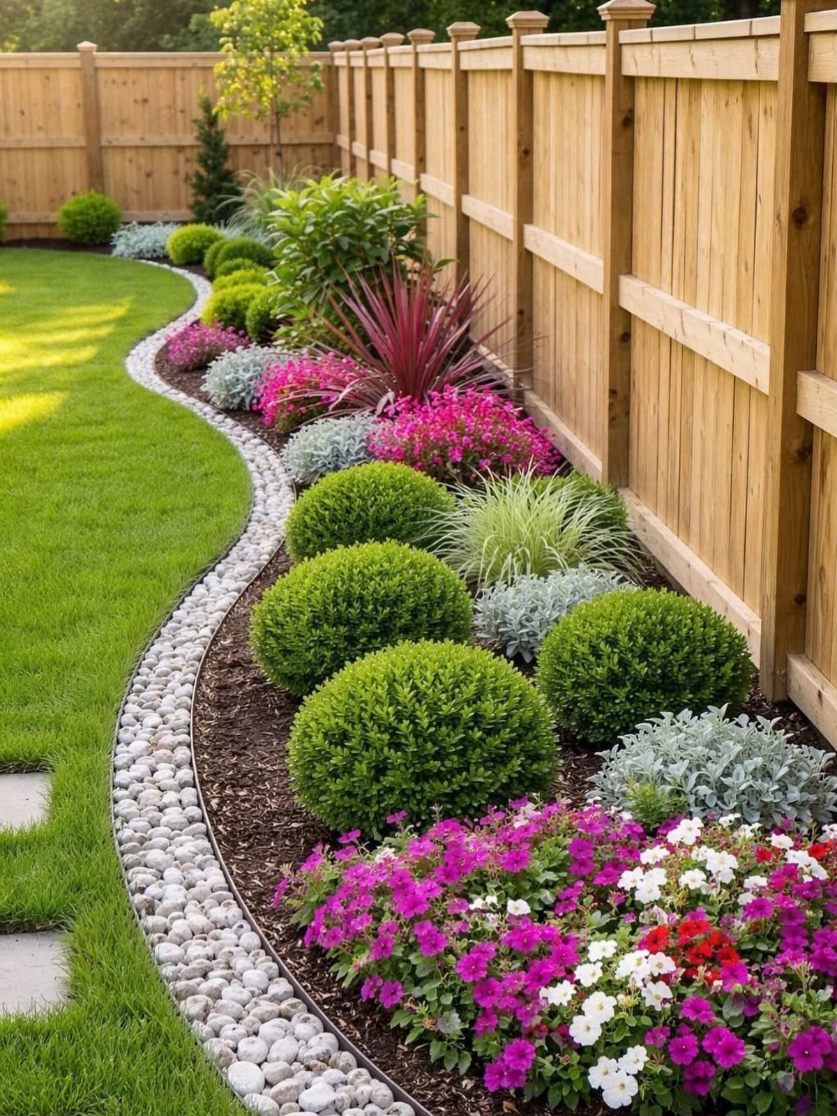 Curved garden bed with colorful flowers, green shrubs, and white stones next to a wooden fence.