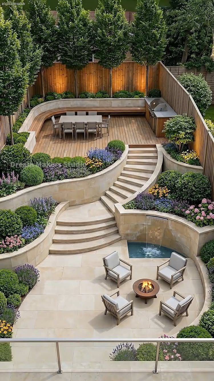 Manicured backyard garden with stone stairs, wooden deck, and various shrubs and flowering plants.