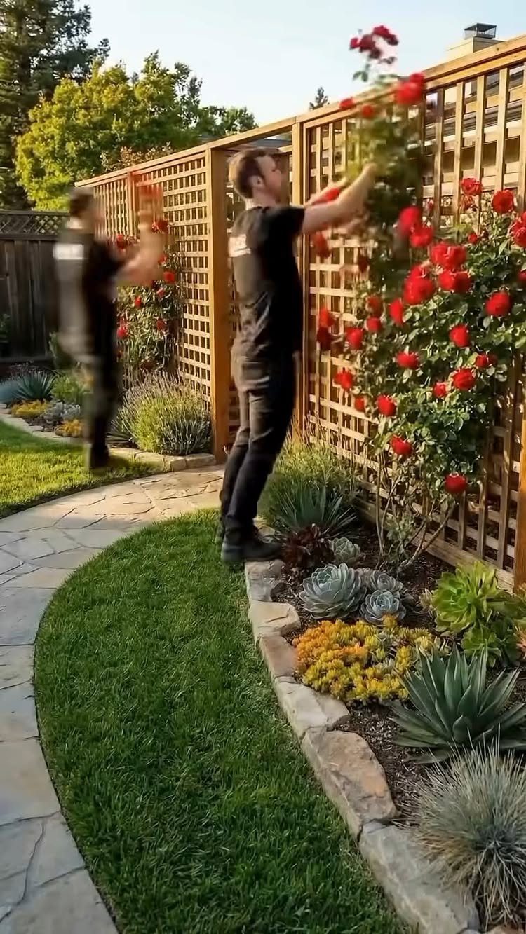 Two men tending to red climbing roses growing on a wooden garden lattice fence.
