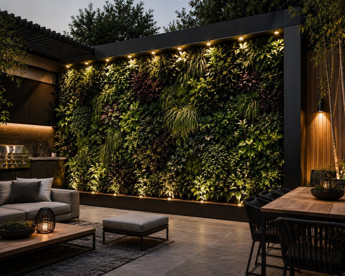 A large vertical garden wall illuminated by spotlights in a modern outdoor patio setting.