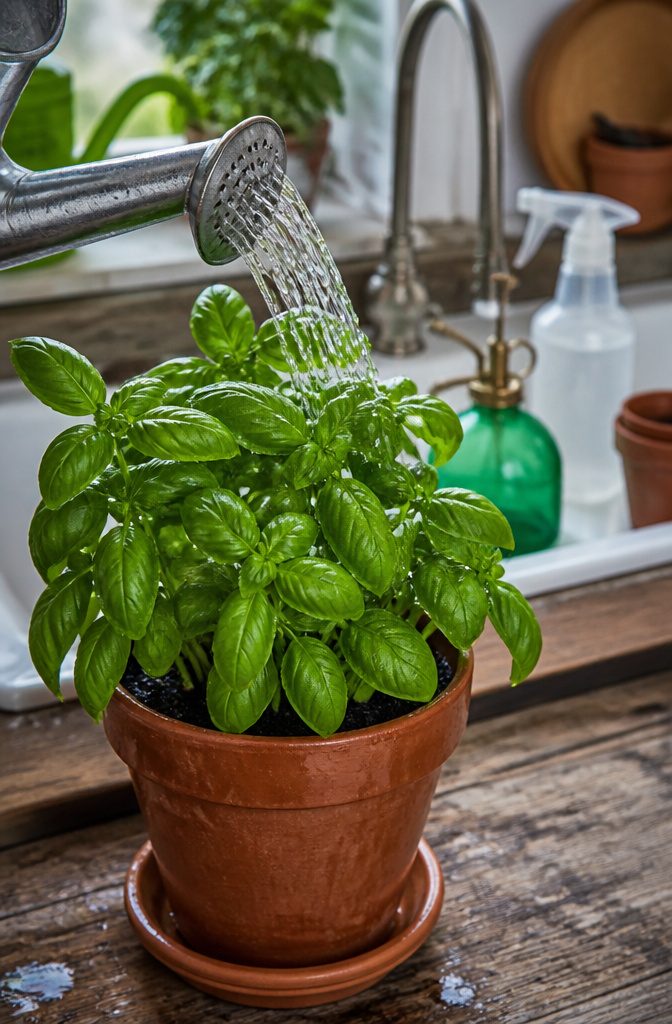 How to Grow Basil in Pots: 6 Steps for Container Herbs 10 A healthy basil plant being rinsed to remove pests.