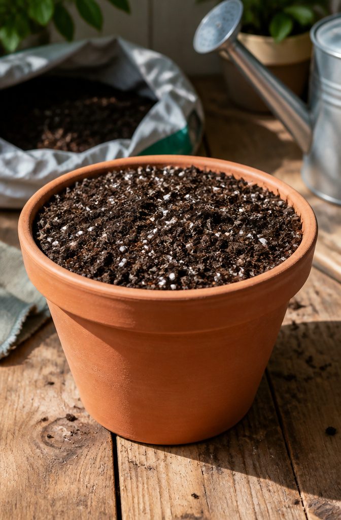 How to Grow Basil in Pots: 6 Steps for Container Herbs 2 A terracotta pot filled with rich, fluffy potting mix.