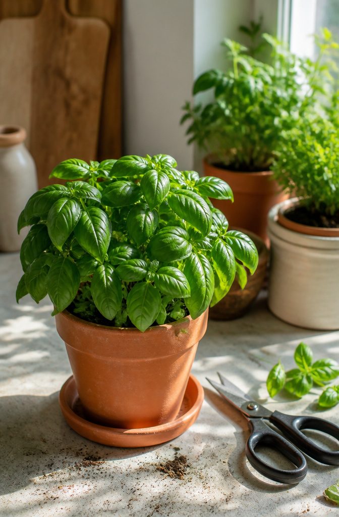 How to Grow Basil in Pots: 6 Steps for Container Herbs 6 A basil plant being harvested with scissors beside it.