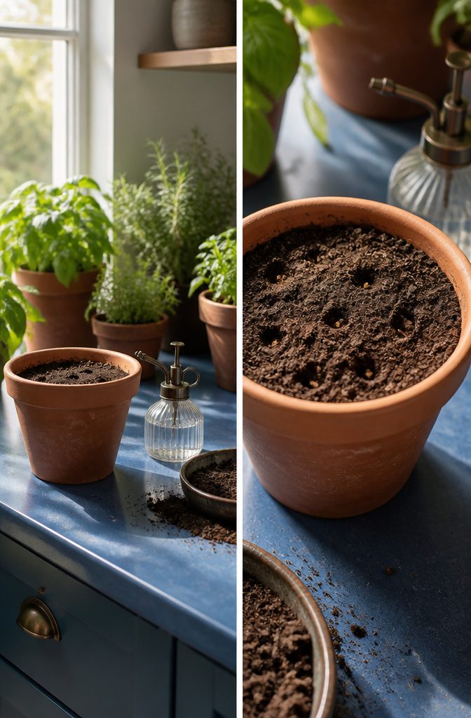 How to Grow Basil in Pots: 6 Steps for Container Herbs 3 A pot with basil seeds sown in the soil.