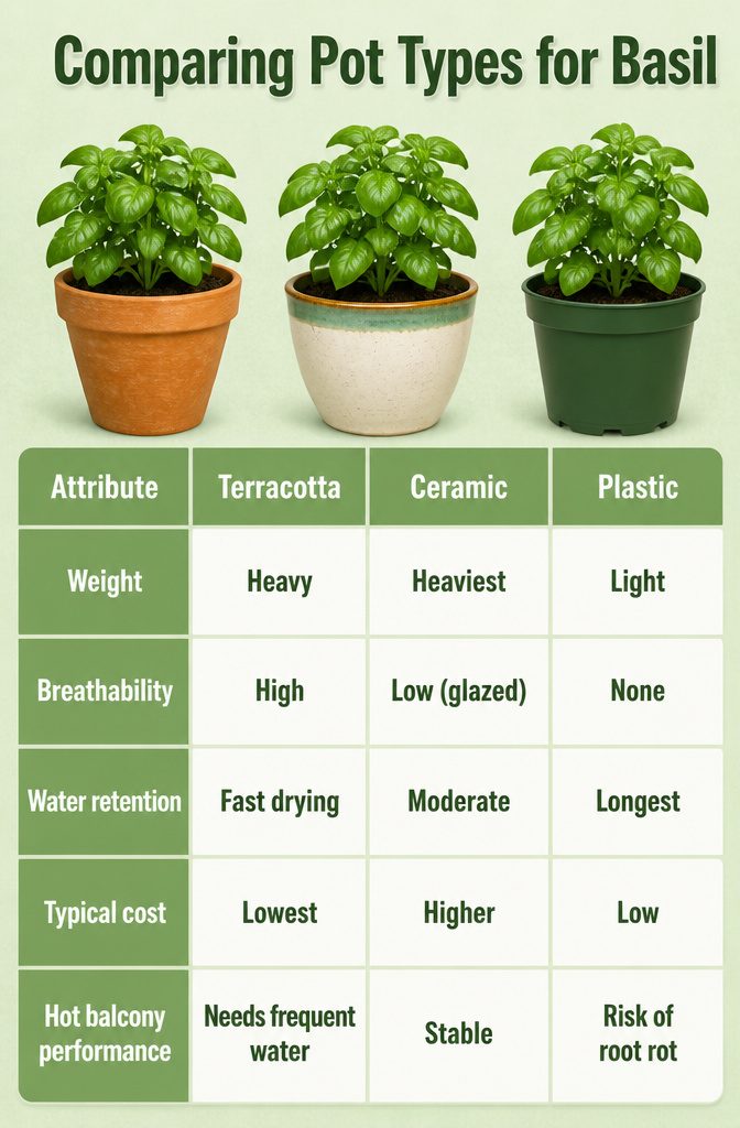 How to Grow Basil in Pots: 6 Steps for Container Herbs 7 A comparison of terracotta, ceramic, and plastic pots.