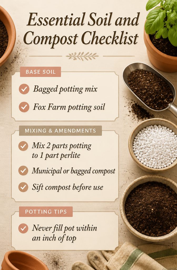 How to Grow Basil in Pots: 6 Steps for Container Herbs 8 A checklist of essential soil and compost for basil.