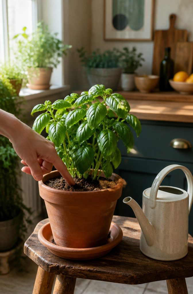 How to Grow Basil in Pots: 6 Steps for Container Herbs 4 A basil plant with dry soil, demonstrating the finger test.
