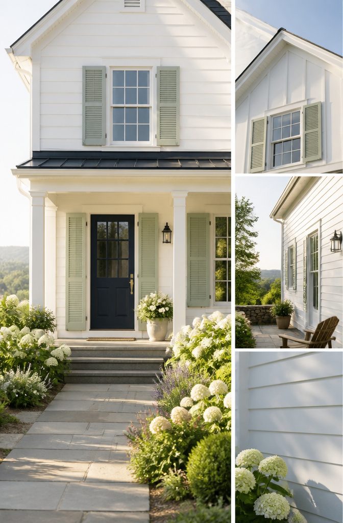 A home emphasizing its door and shutters with a single accent color.