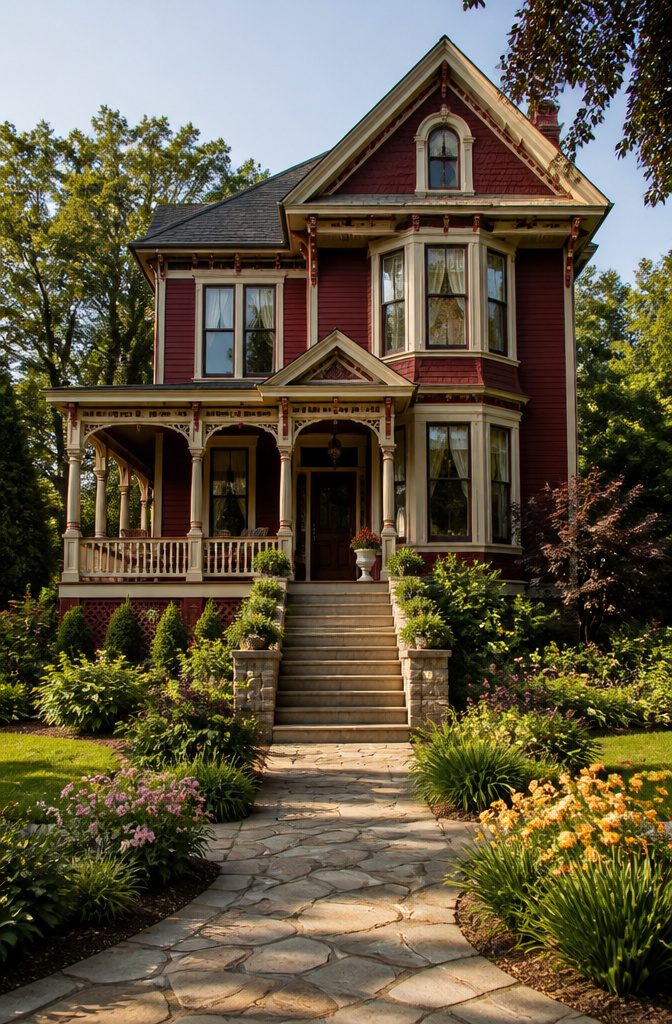 A home featuring burgundy paint with natural architectural details.