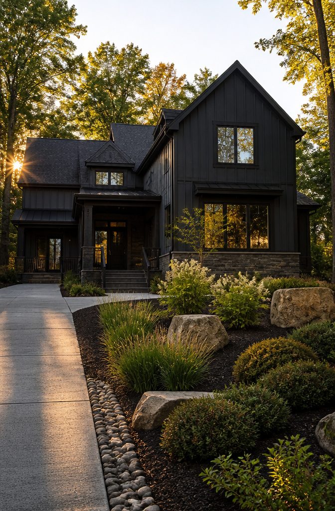 A dark house surrounded by mature trees and natural stone.
