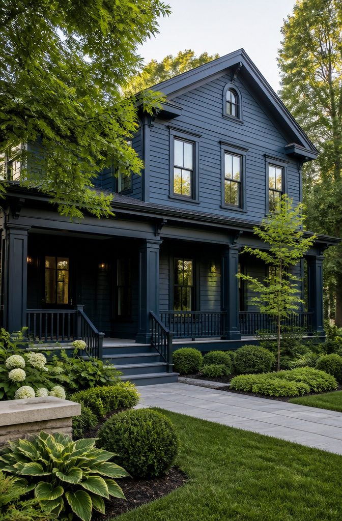 A two-story home with deep navy facade and lush landscape.