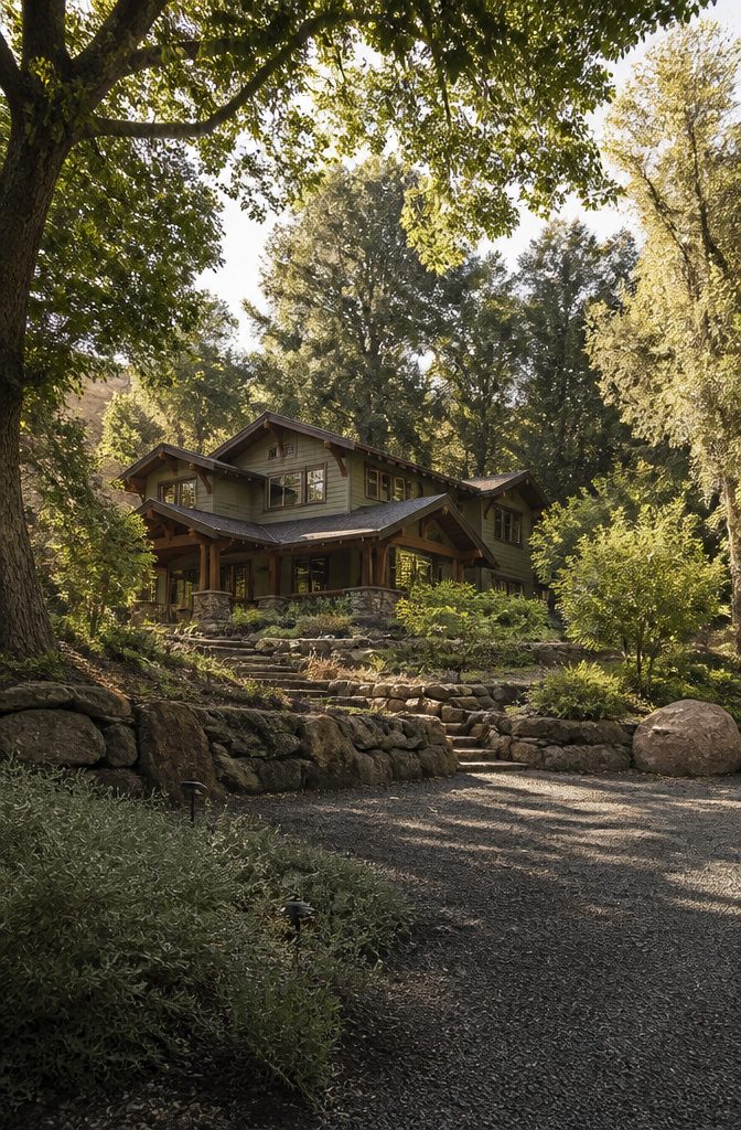 A house with olive green exterior and stone accents.
