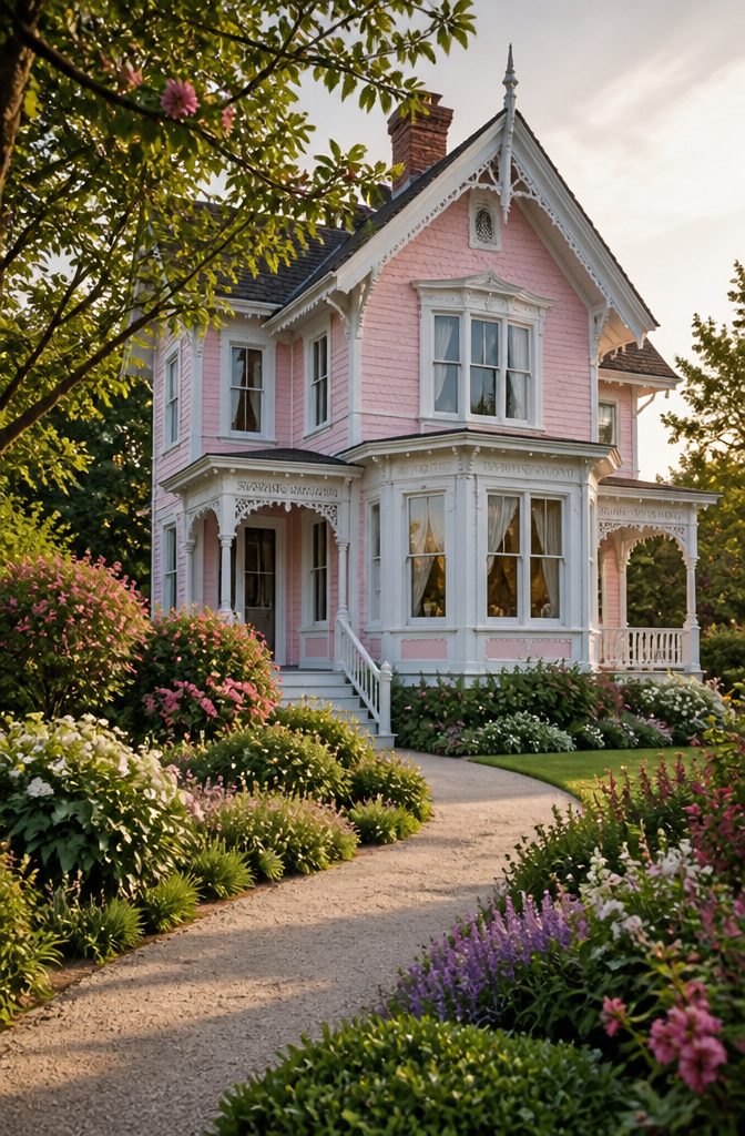 A pink house with intricate trim amidst colorful flowers.