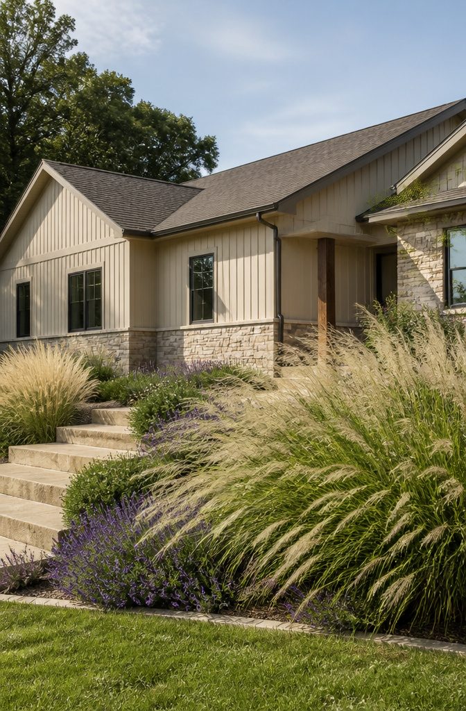 A beige house surrounded by grasses and flower beds.