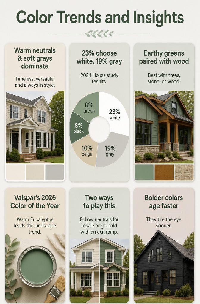A palette of warm neutrals and greens on a color chart.