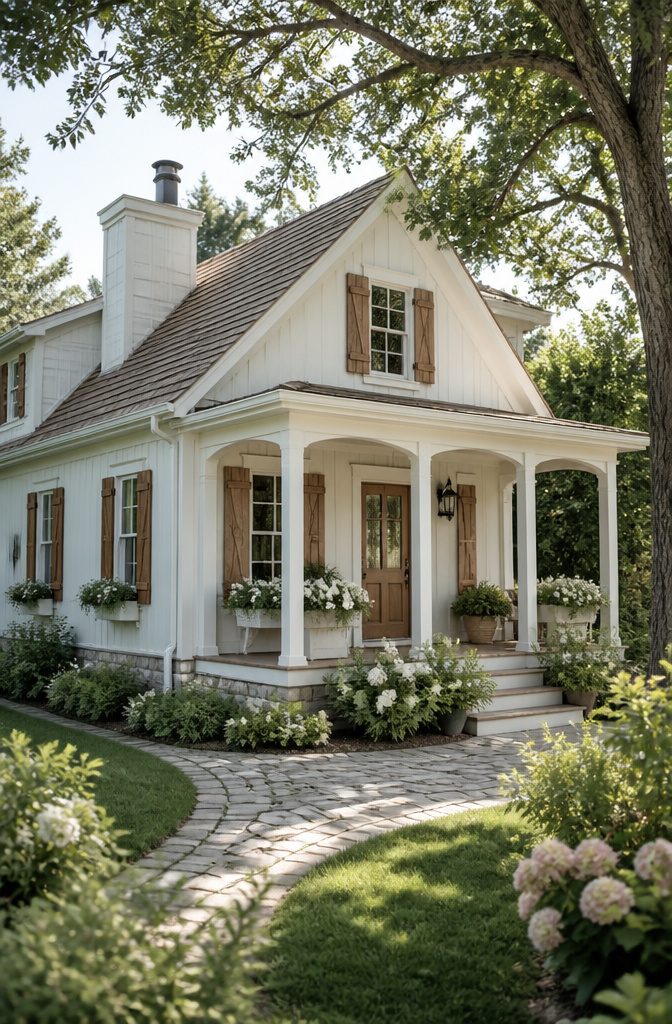 A cottage with white exterior, wooden shutters, and flowering plants.