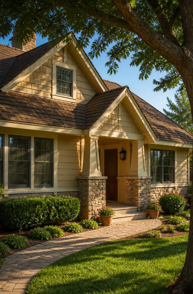 A house with beige siding and stone accents under sunlight.