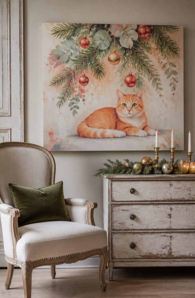 Christmas Cat Wallpaper: Festive Feline Backgrounds for Screens 4 A painted cat under a stylized garland with holiday ornaments.