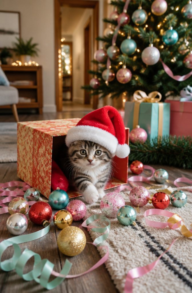 Christmas Cat Wallpaper: Festive Feline Backgrounds for Screens 5 A kitten wearing a Santa hat in a gift box with ornaments.