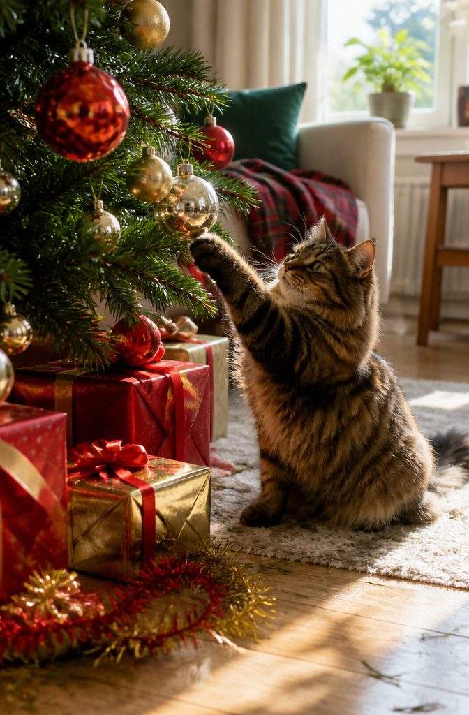 Christmas Cat Wallpaper: Festive Feline Backgrounds for Screens 1 A tabby cat playing with a glass ornament on a Christmas tree.