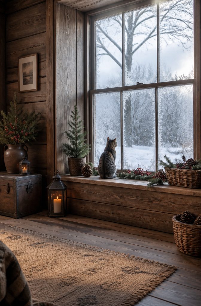 Christmas Cat Wallpaper: Festive Feline Backgrounds for Screens 3 A gray tabby cat pressed against frosted glass.