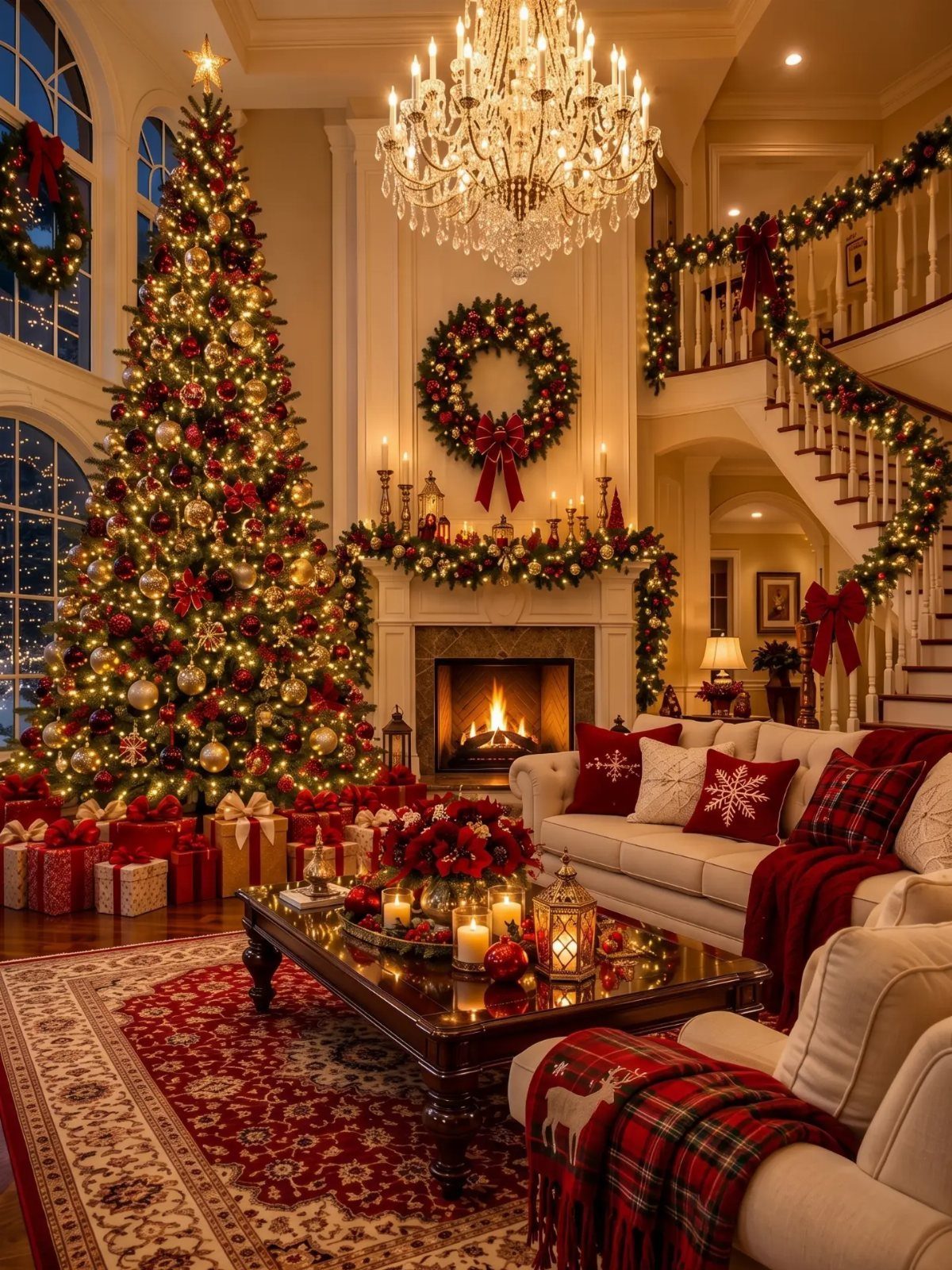 A festive living room featuring a large decorated Christmas tree, a glowing fireplace, and elegant holiday garlands.