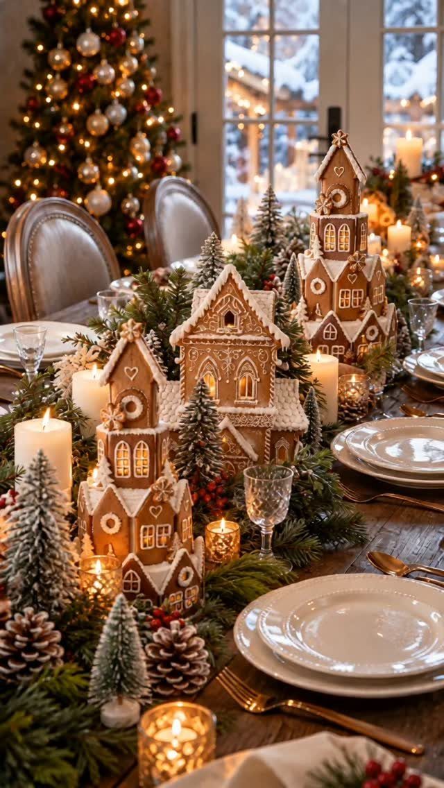 Decorated gingerbread houses arranged on a festive dining table with greenery, candles, and a Christmas tree.