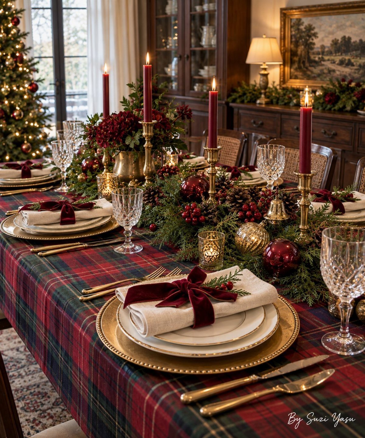 A festive Christmas dining table set with plaid tablecloth, gold plates, and red taper candles.