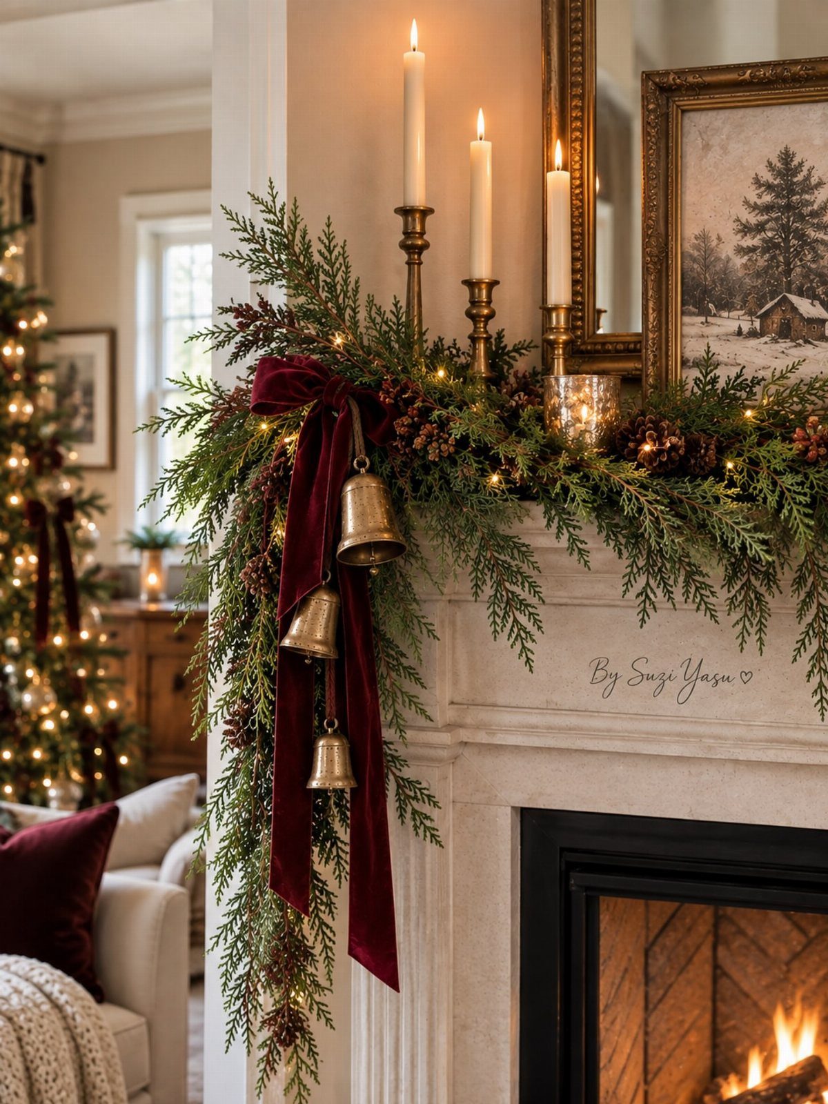 Green evergreen garland with red berries and gold bells decorating a white stone fireplace mantel.