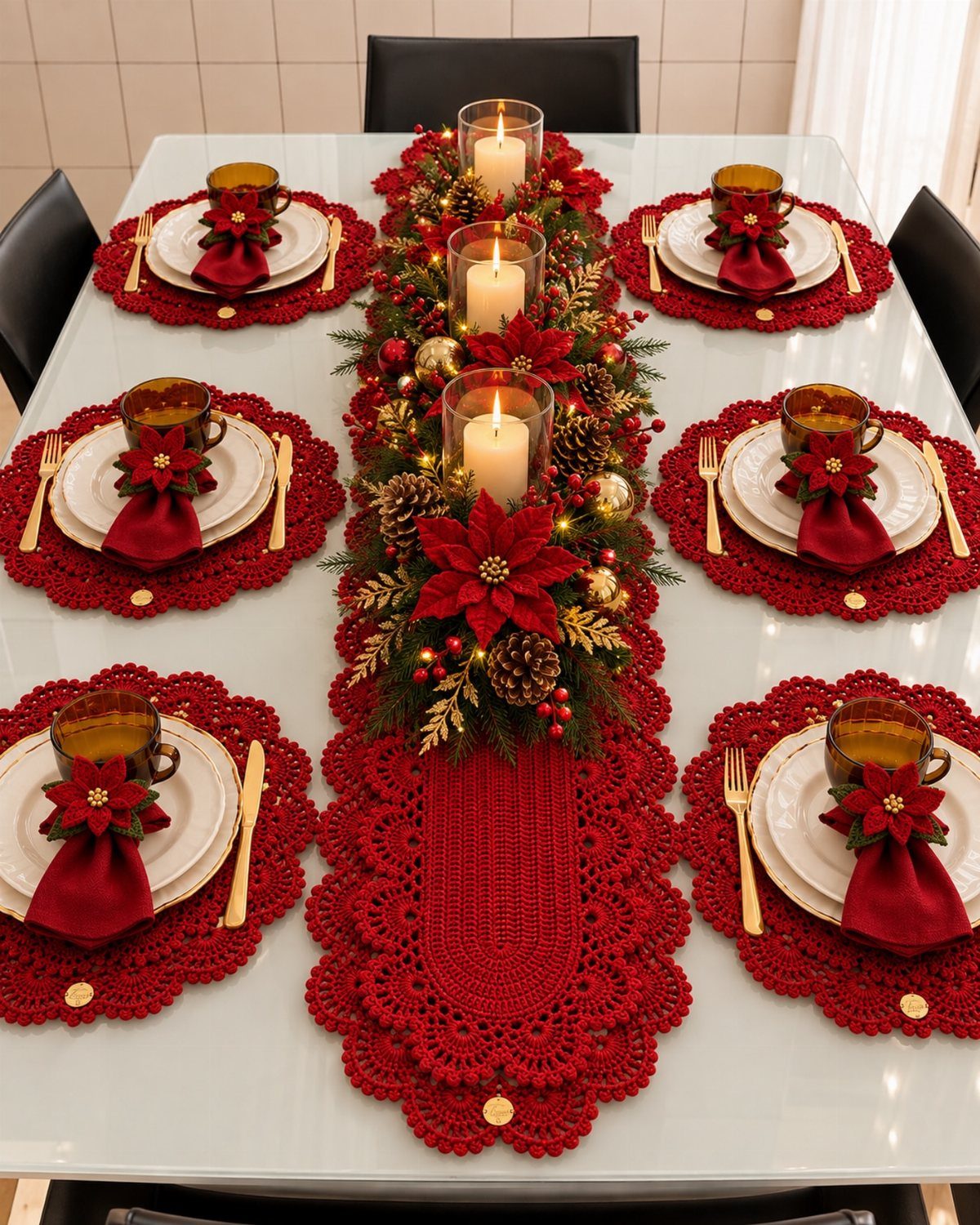 A festive Christmas dining table centerpiece with red poinsettias, pinecones, and lit candles on a red runner.