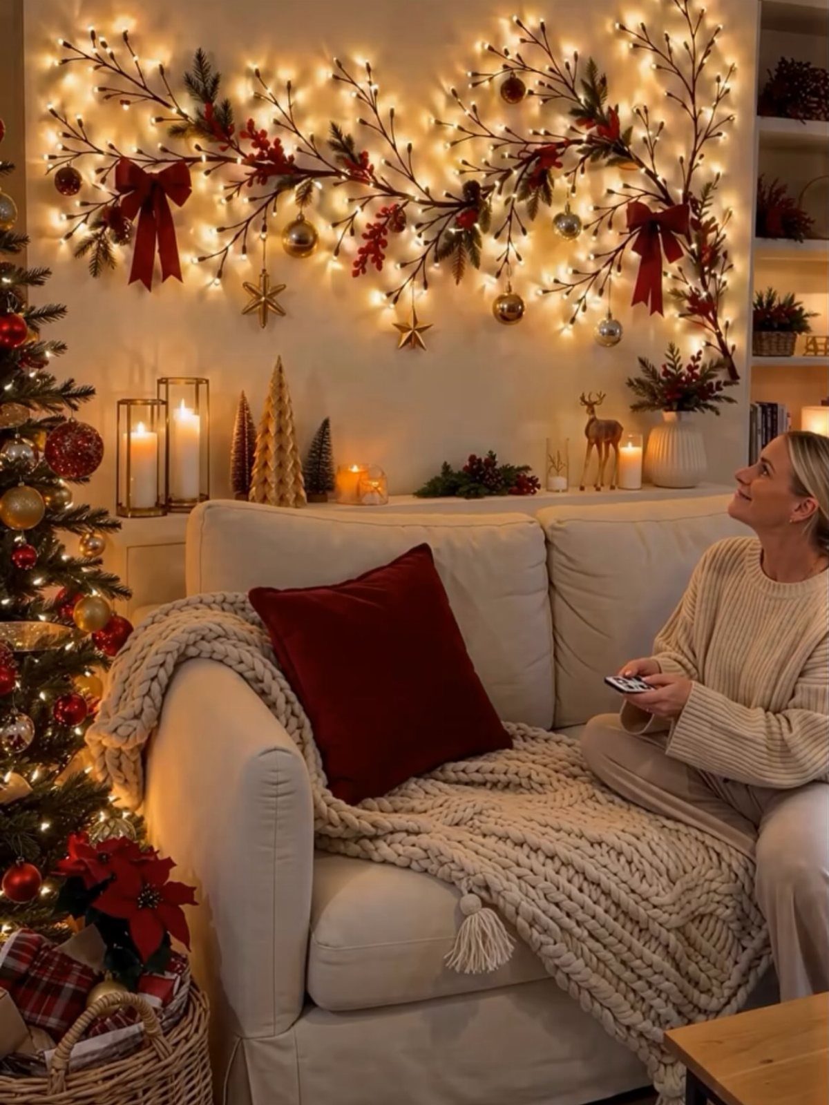 A woman relaxes on a white sofa near a glowing, decorated Christmas tree and wall greenery.