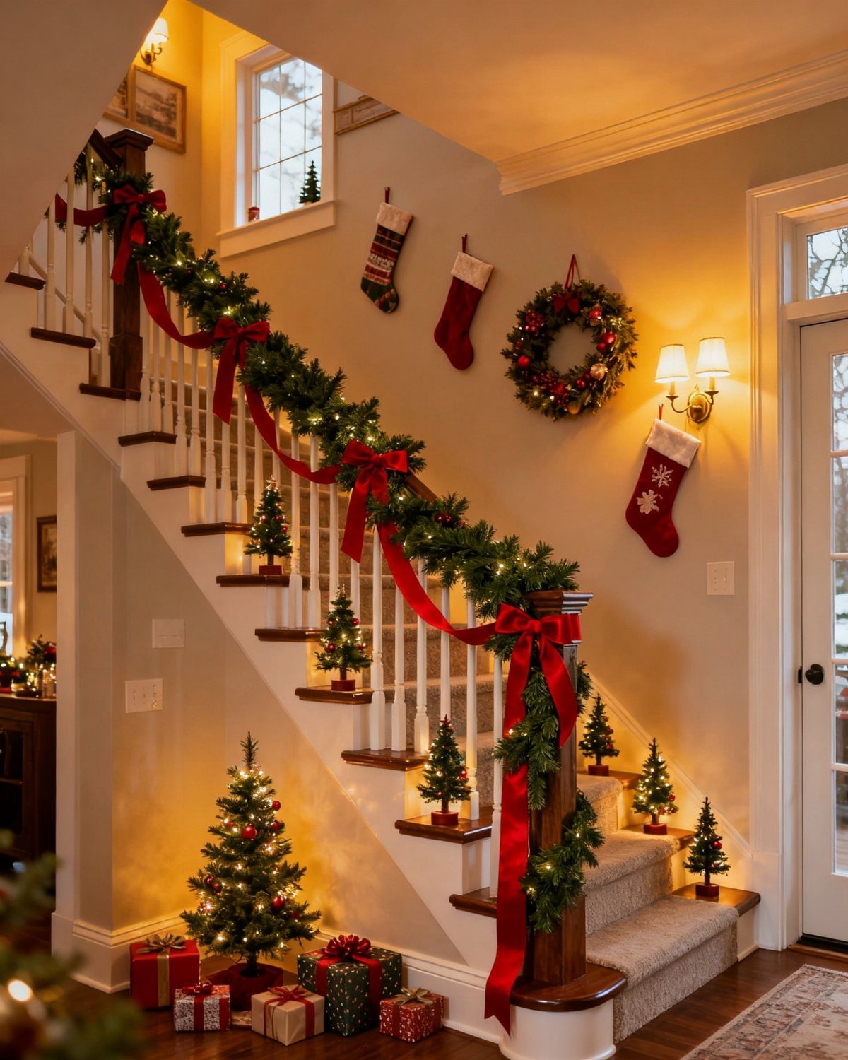 Green garland with red bows draped along a wooden staircase banister with small Christmas trees below.