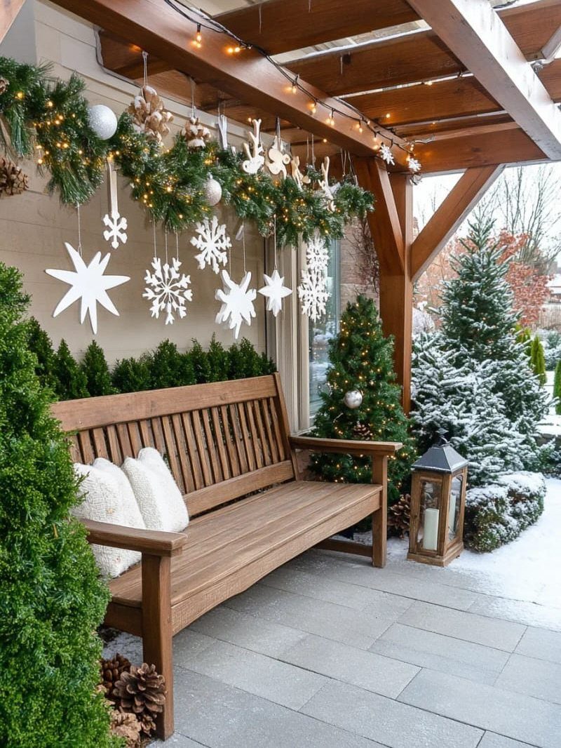 Wooden bench under a pergola decorated with Christmas garlands, lights, and hanging white snowflake ornaments.