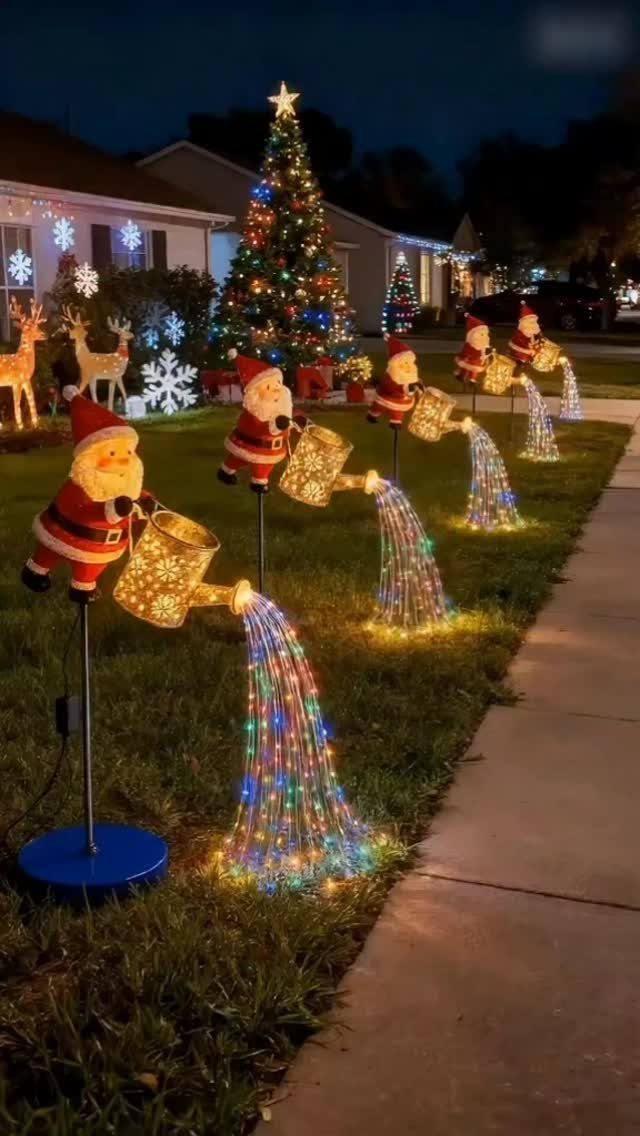 Santa Claus figures pouring streams of colorful lights onto a lawn at night.