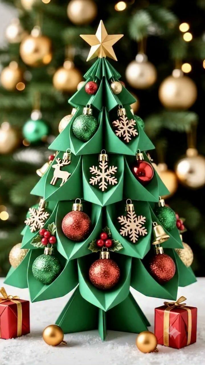 Christmas Tree DIY: 3 Ideas Using Wood, Paper and Plastic 2 A green paper Christmas tree decorated with gold snowflakes, red ornaments, and a gold star topper.