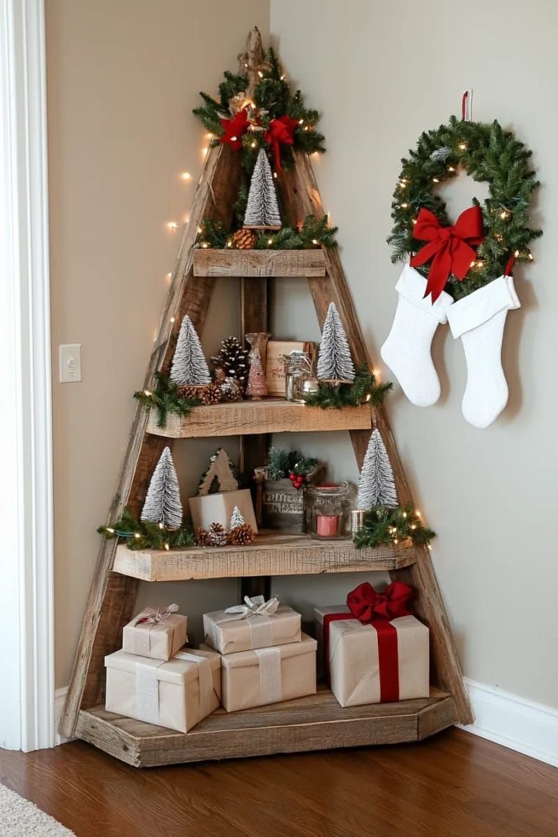 Christmas Tree Shelf: 6 Ideas from 2x4 Builds to Live Edge 2 A triangular wooden shelf decorated with Christmas ornaments and lights sitting in a room corner.