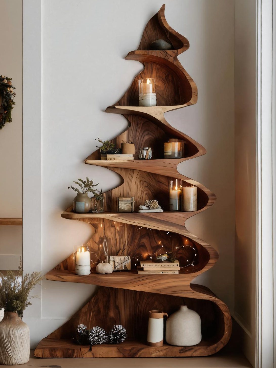 Christmas Tree Shelf: 6 Ideas from 2x4 Builds to Live Edge 3 A tree-shaped wooden wall shelf decorated with lit candles, books, and small plants.